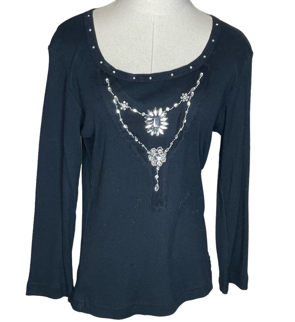 Cha Cha Vente Women’s Size XL Black Ribbed Knit Bejeweled Top Made in USA